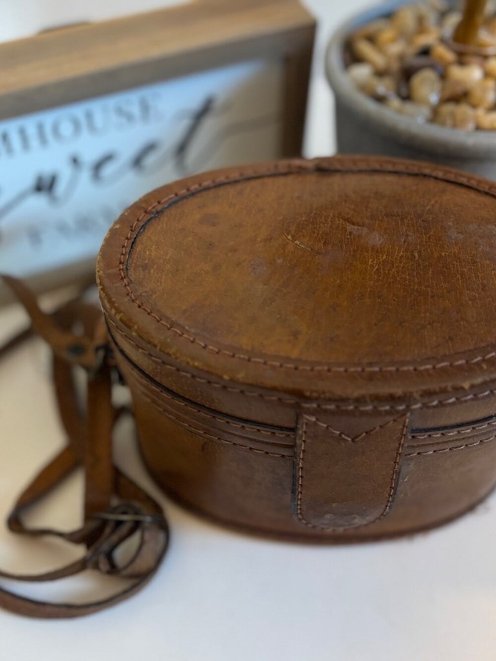 Vintage Oval Brown Leather Snap Camera Bag Long Leather Strap